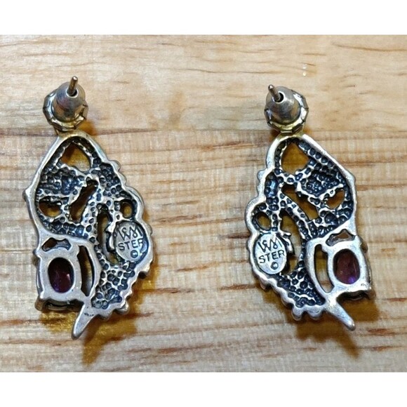 VTG WM 925 Sterling Silver Native Style Grape Vine With Amethyst Stone Earrings - Picture 3 of 5